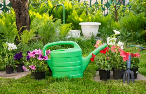 Gardener trimming shrubs